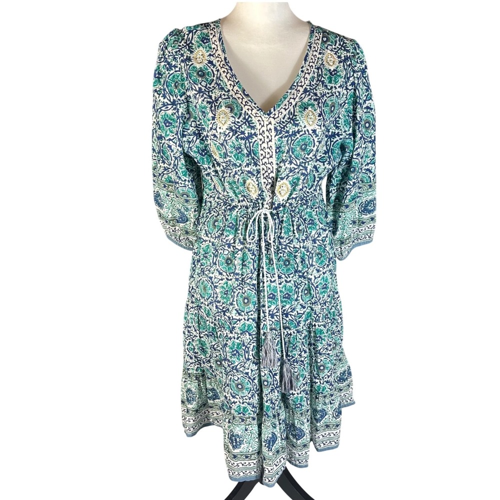 Soft Surroundings Dress Women M Teal Blue Floral Boho Embroidered Tassel 2FW00
